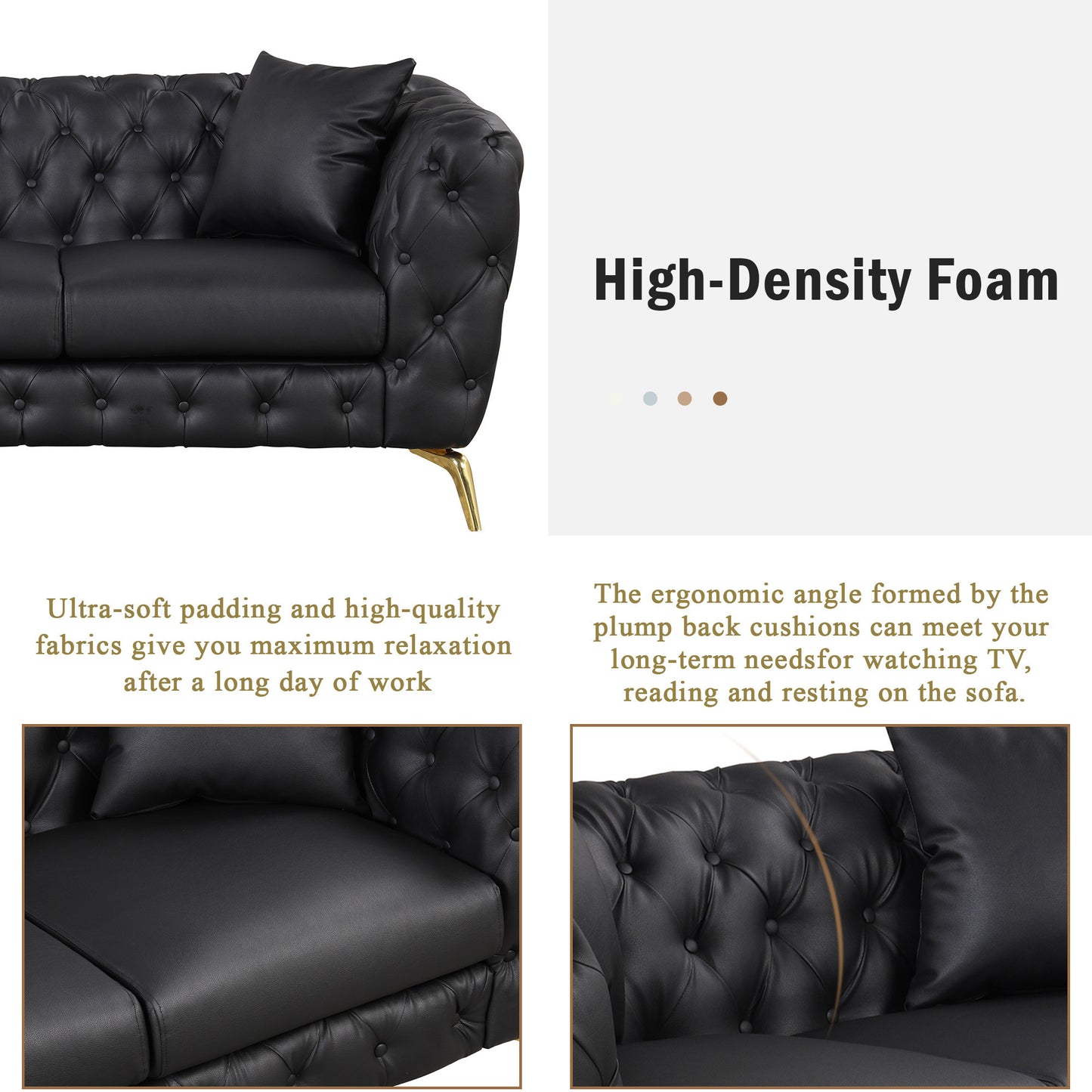 Modern Black Upholstered Sofa with Button Tufted Back and Metal Legs