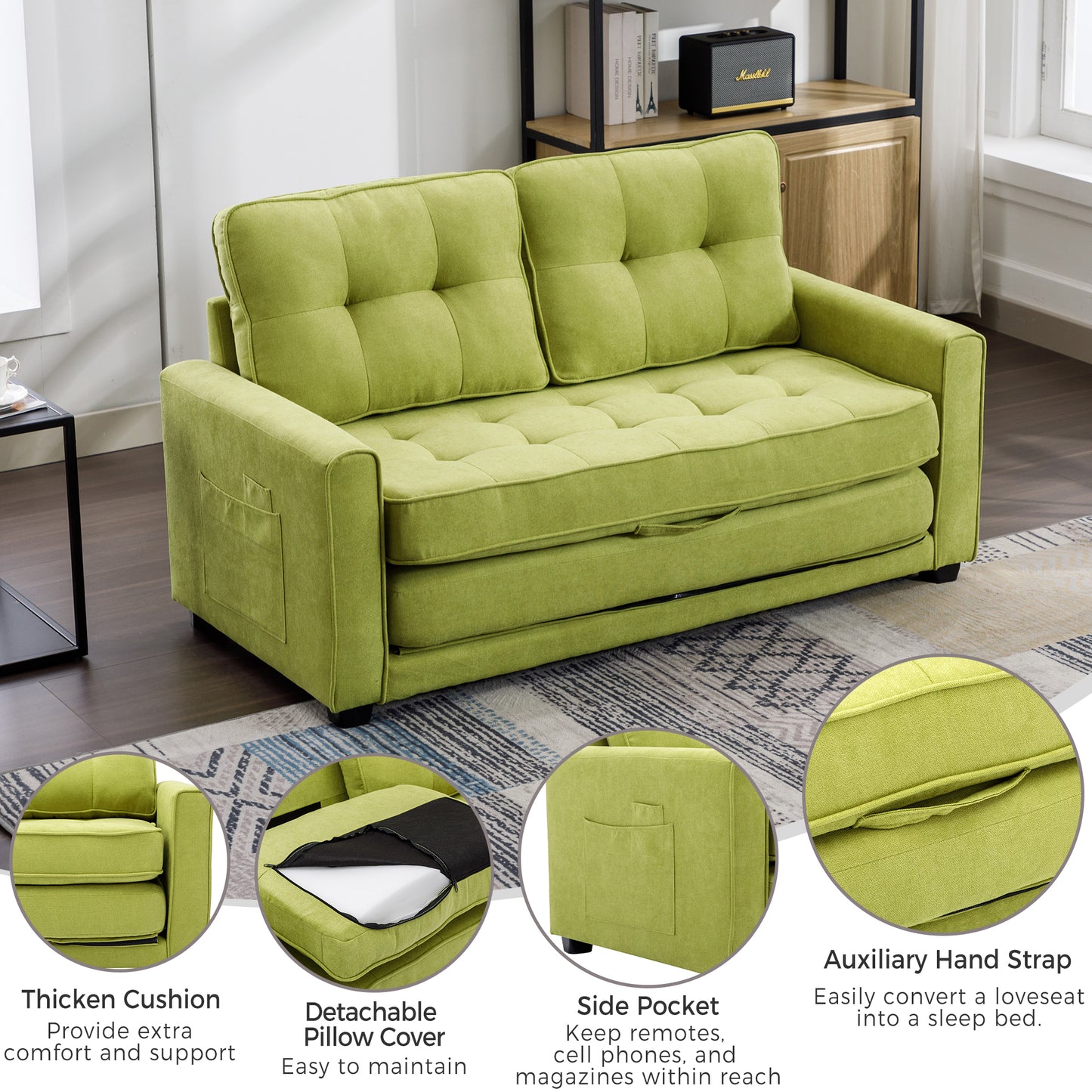 Loveseat Sofa with Pull-Out Bed, Green Chenille Upholstery