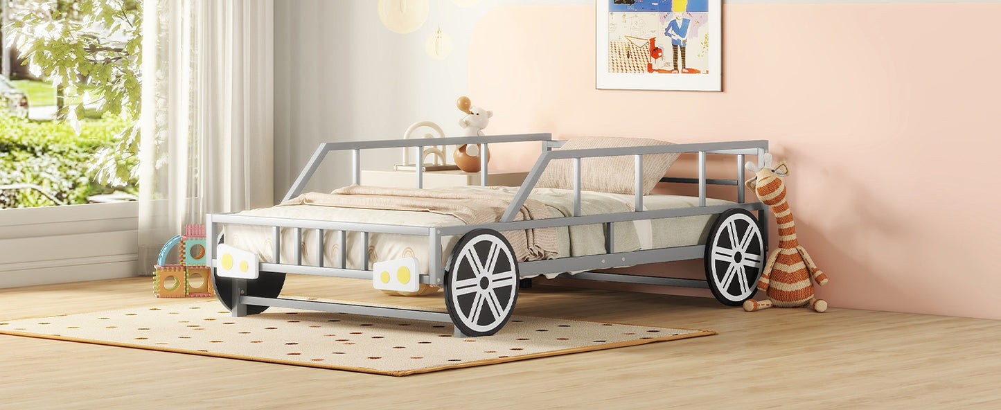 Metal Twin Size Car-shaped Platform Bed with Wheels and Headlights Decoration, Silver