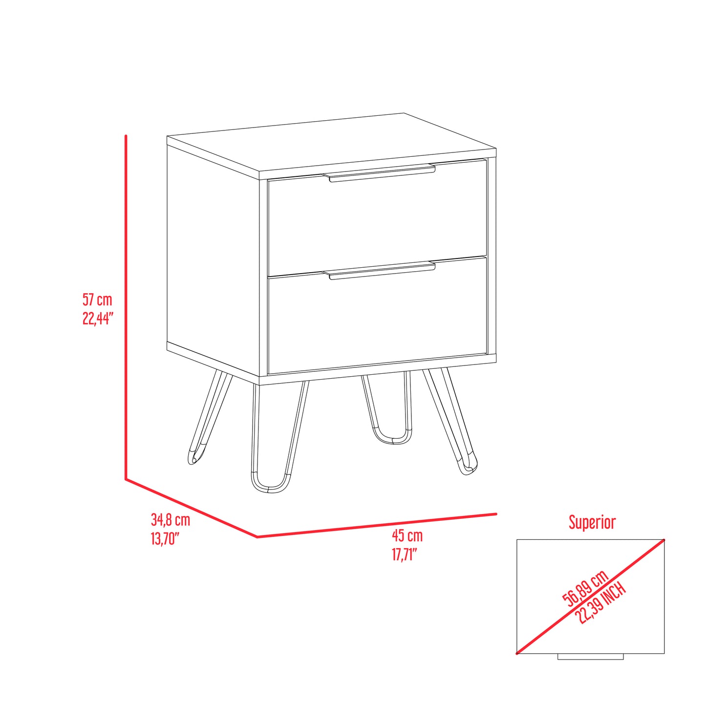 Augusta 2 Nightstand, Four Legs, Two Drawers -White