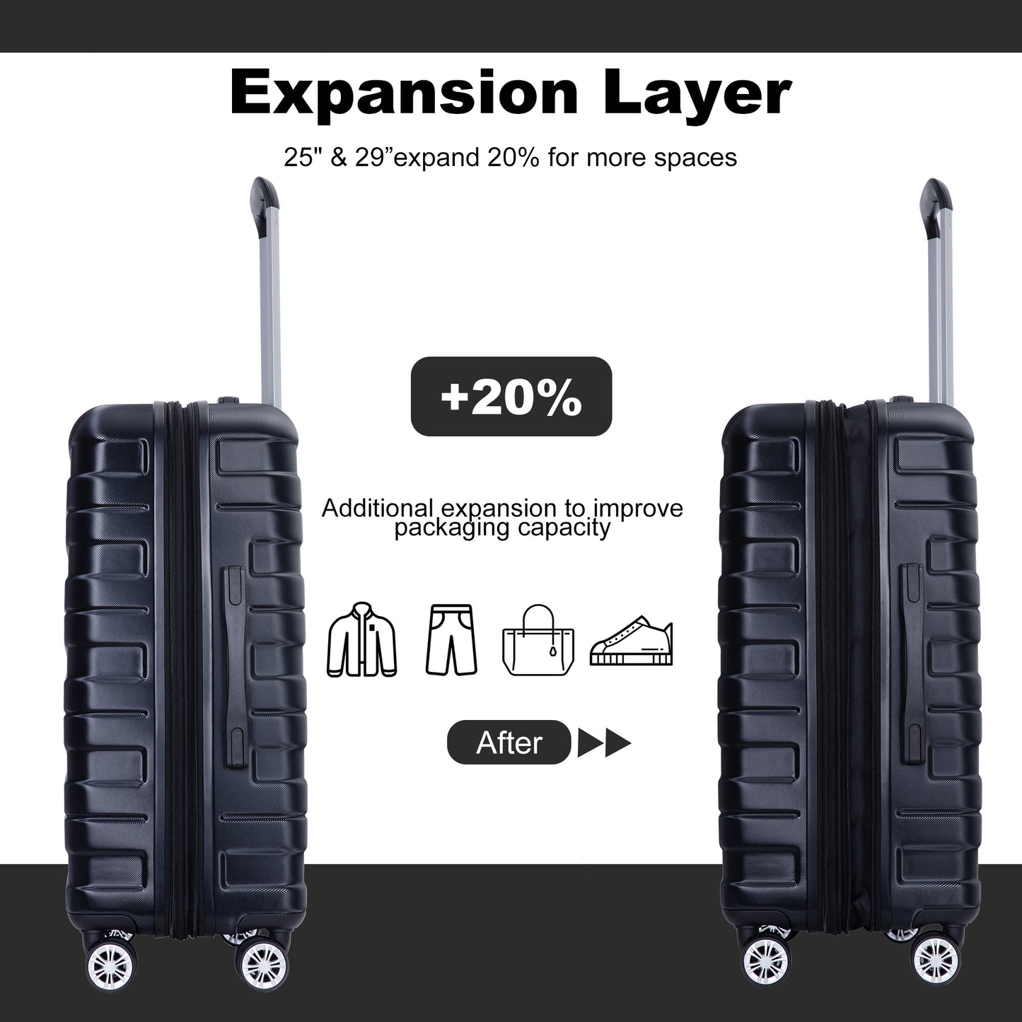 3 Piece Luggage Sets PC Lightweight & Durable Expandable Suitcase with Two Hooks, Double Spinner Wheels, TSA Lock, (21/25/29) Black