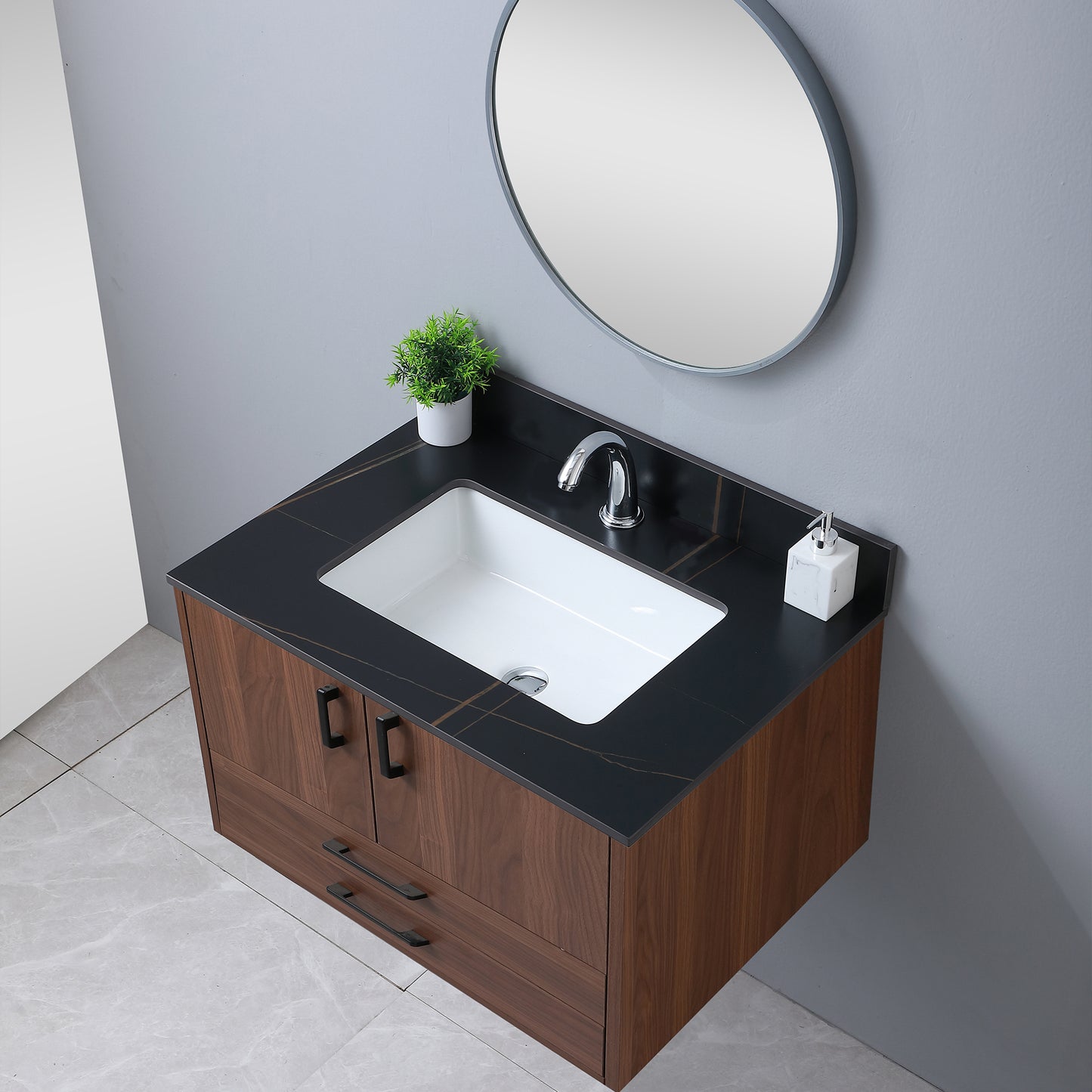 Montary 31inch sintered stone  bathroom vanity top  black gold color with undermount ceramic sink and single faucet hole with backsplash