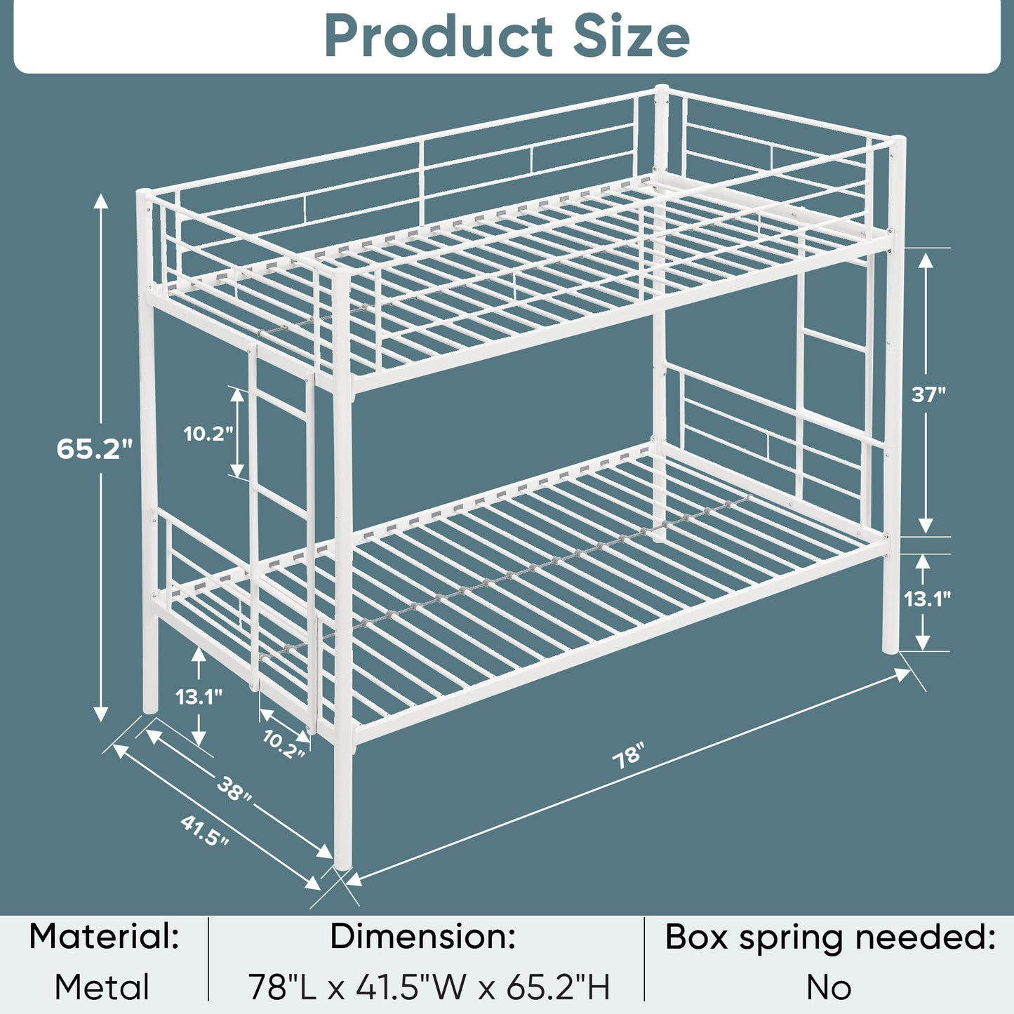 White Metal Convertible Twin Bunk Bed with Safety Guardrails and 2 Ladders