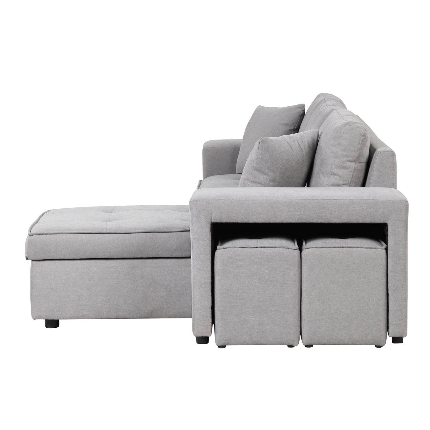 Gray L-Shape Sleeper Sectional Sofa with Storage Chaise and 2 Stools