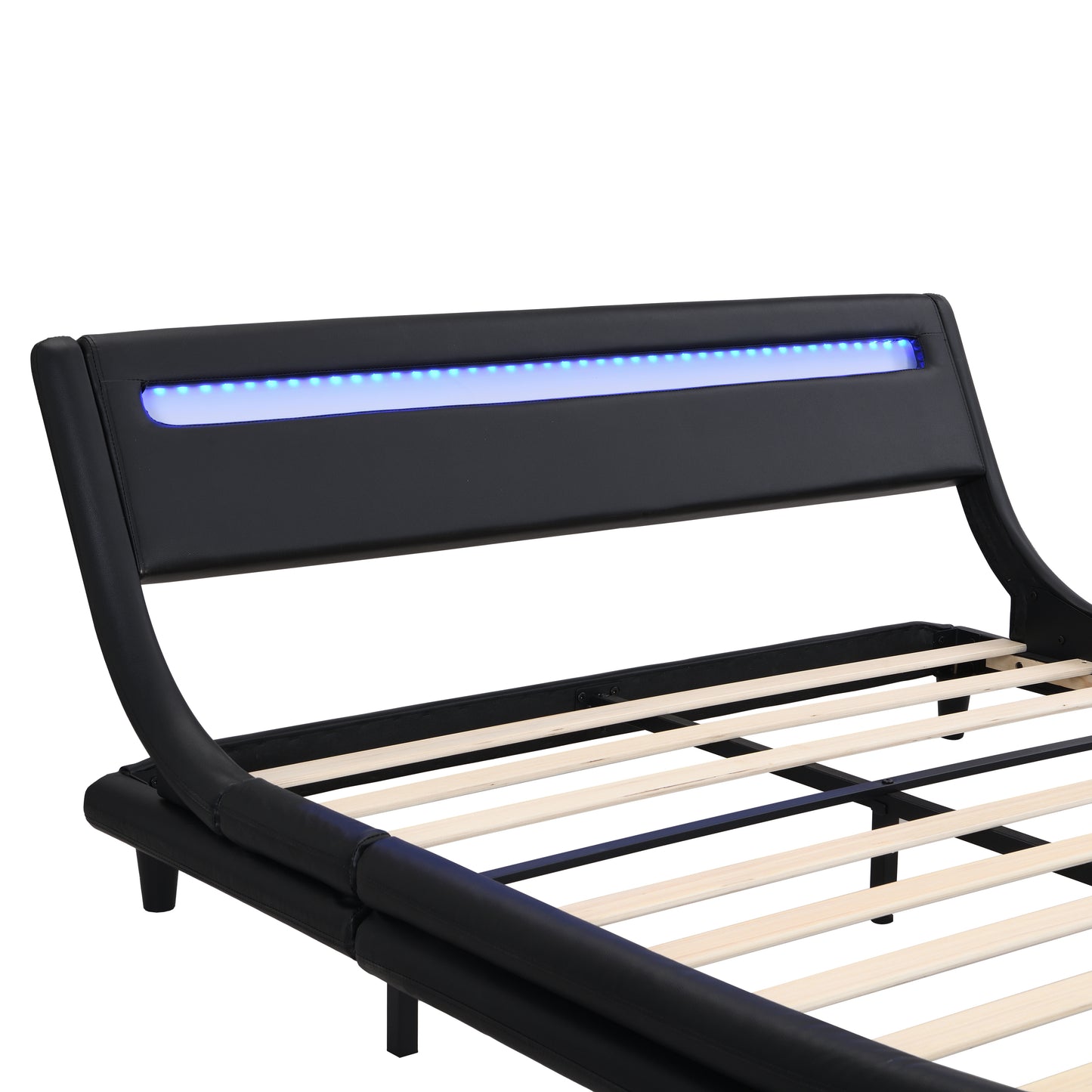 Modern Upholstered Platform Bed Frame with LED Lights Headboard, Faux Leather Wave-Like Bed Frame,Strong Wood Slats Support, Easy Assembly, Black, Queen Size