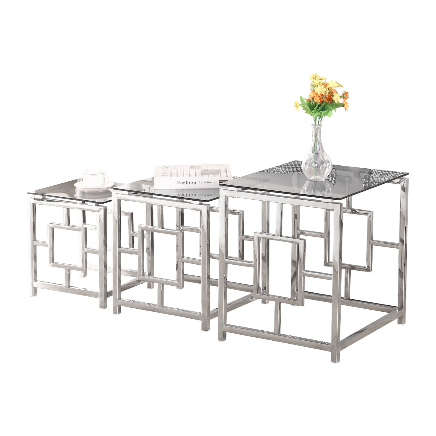 Silver Square Nesting Glass End Table Set with Stainless Steel Frame