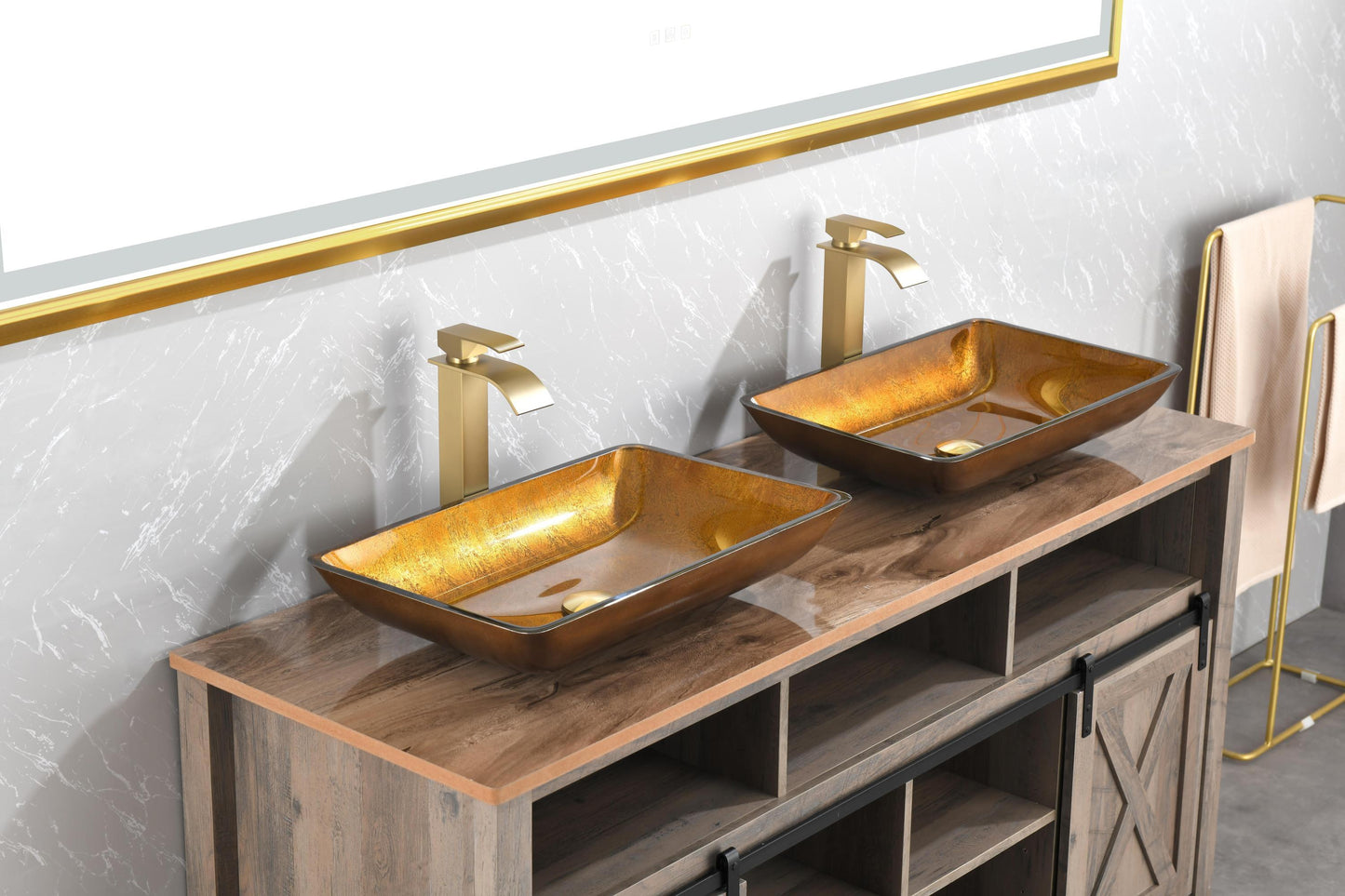 Gold Glass Rectangular Vessel Bathroom Sink Set with Faucet and Pop-Up Drain