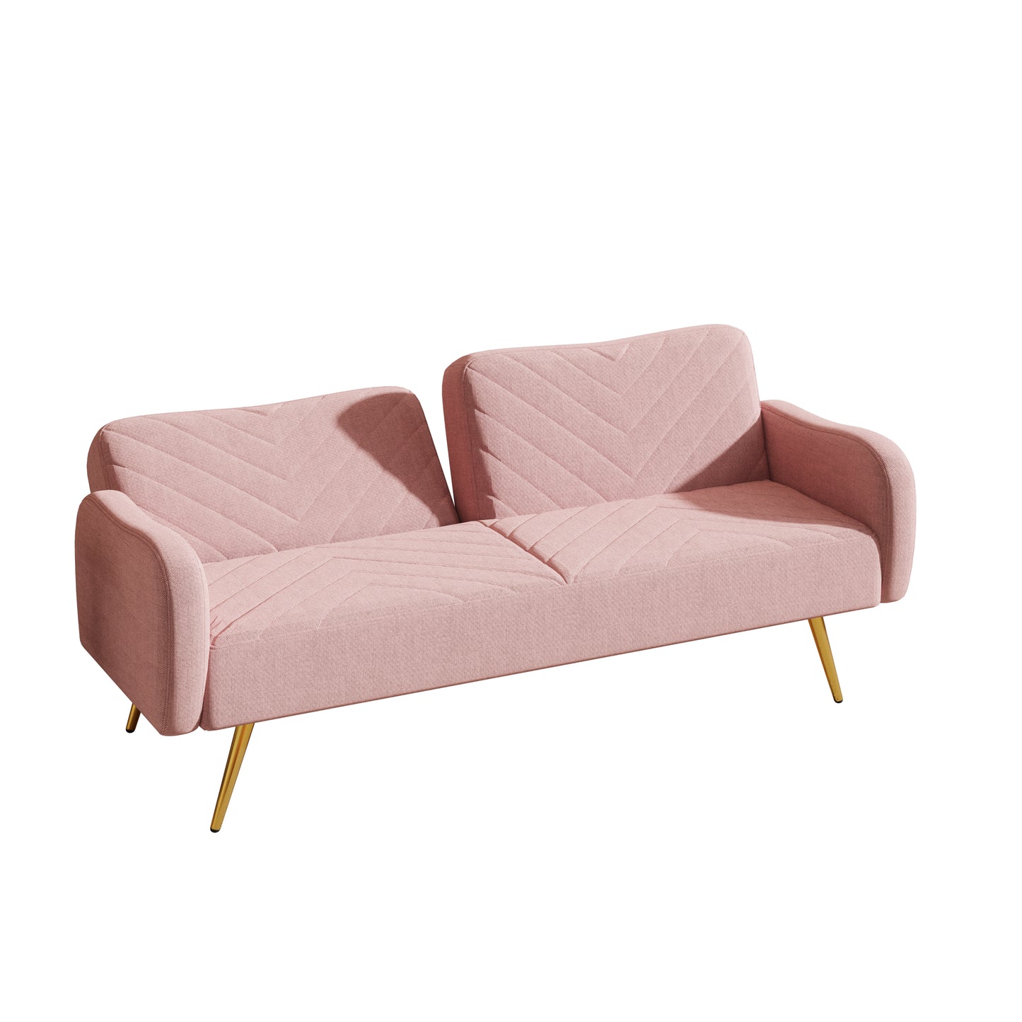 Pink Fabric Double Sofa with Adjustable Split Backrest and Two Throw Pillows