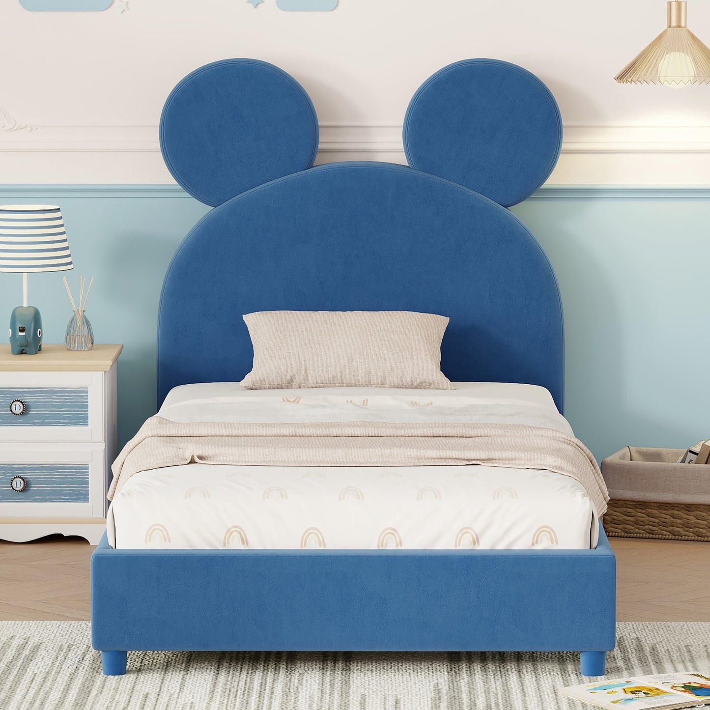 Twin Size Upholstered Platform Bed with Bear Ear Shaped Headboard, Blue