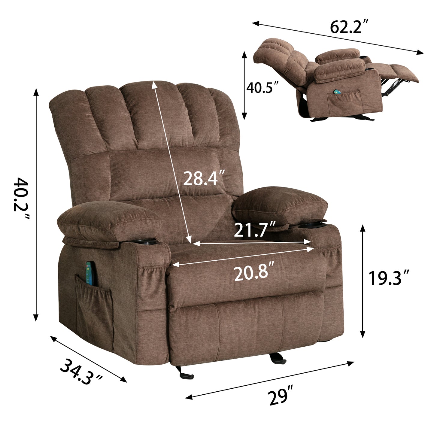 Massage and Heating Brown Recliner Chair with USB and Cup Holders