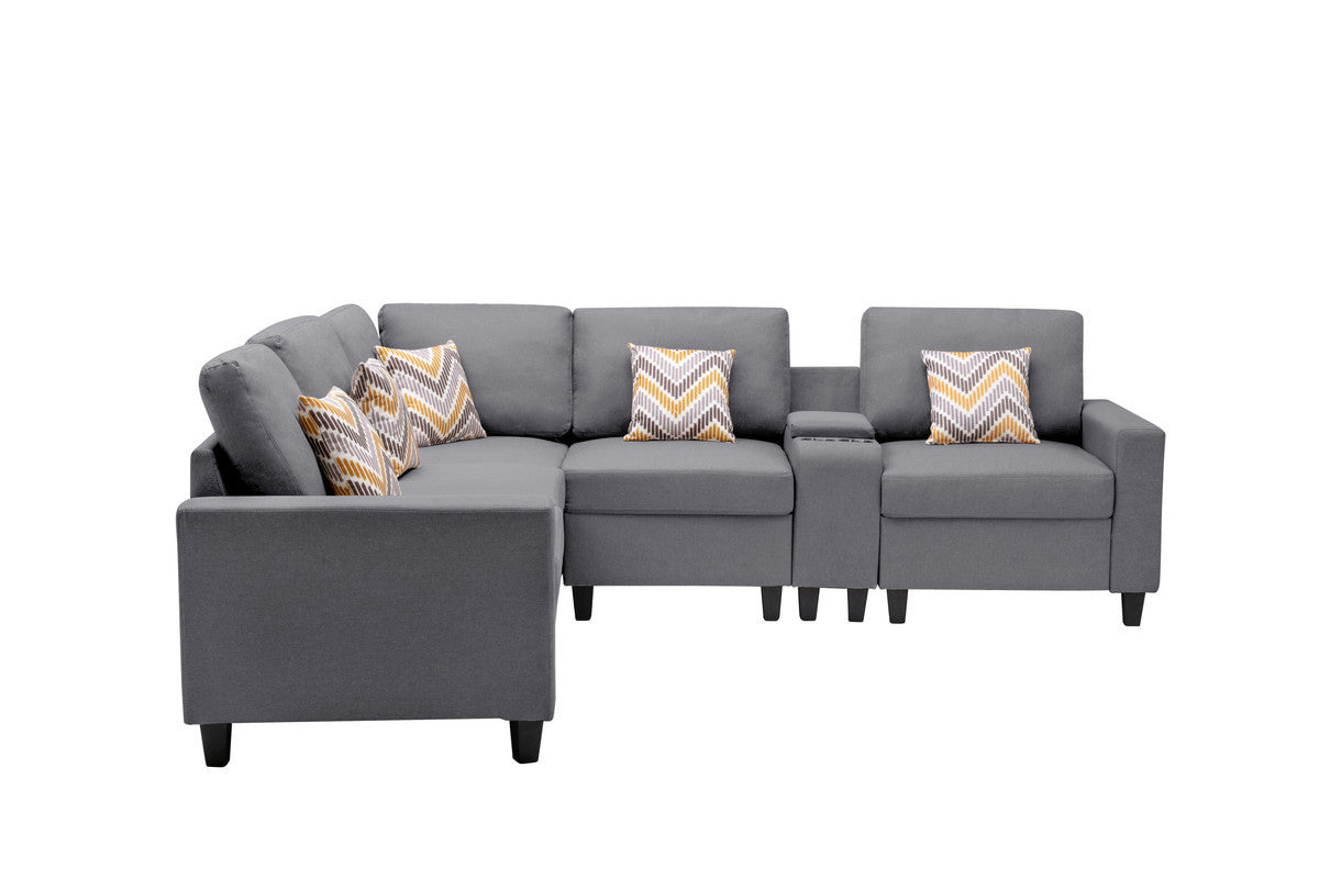 Nolan Gray Linen Fabric 6-Piece Transformable Sectional Sofa with USB, Charging Ports, Cupholders, Storage Console Table, Pillows, and Adjustable Legs