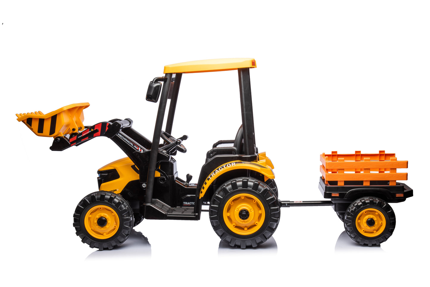 Yellow Pedal Tractor with Loader and Backhoe Digger, Electric Ride-On Car for Kids with Trailer