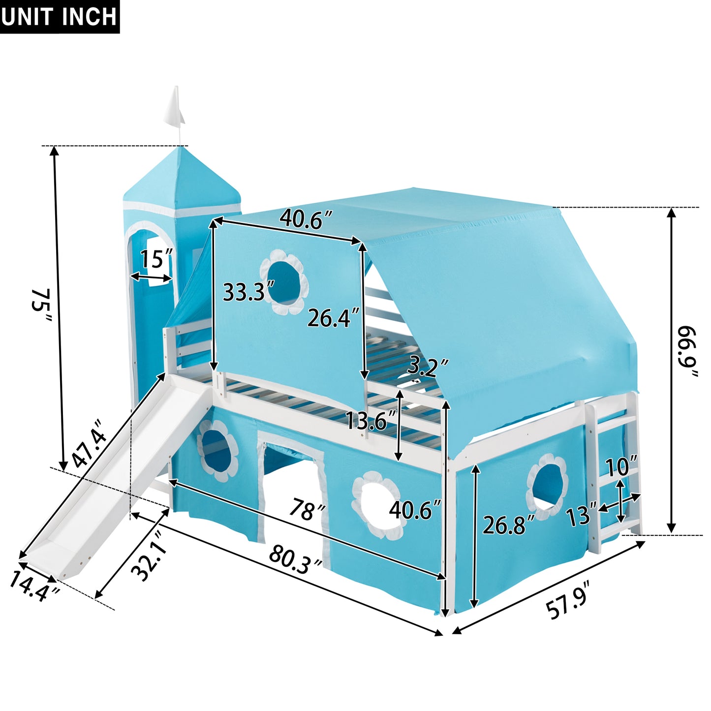 Blue Castle Bunk Bed - Full Size with Slide and Tower