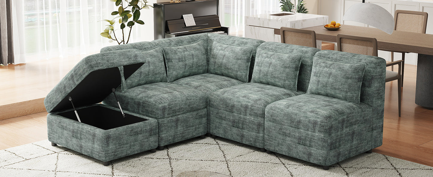 Endless Lounge Creations: Free-Combined Blue-Green Sectional Sofa with Storage Ottoman and 5 Pillows