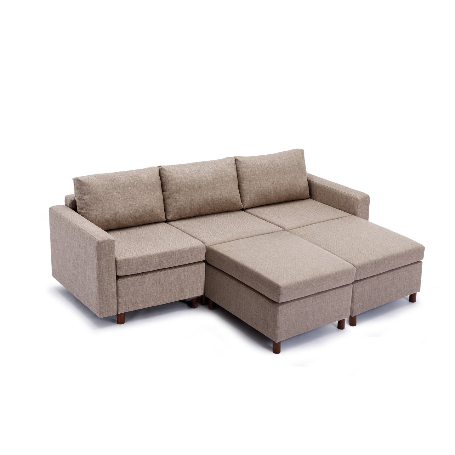 Brown Linen Sectional Sofa with Ottoman Set for Living Room, Non-Removable Seat and Back Cushions, Modern Design