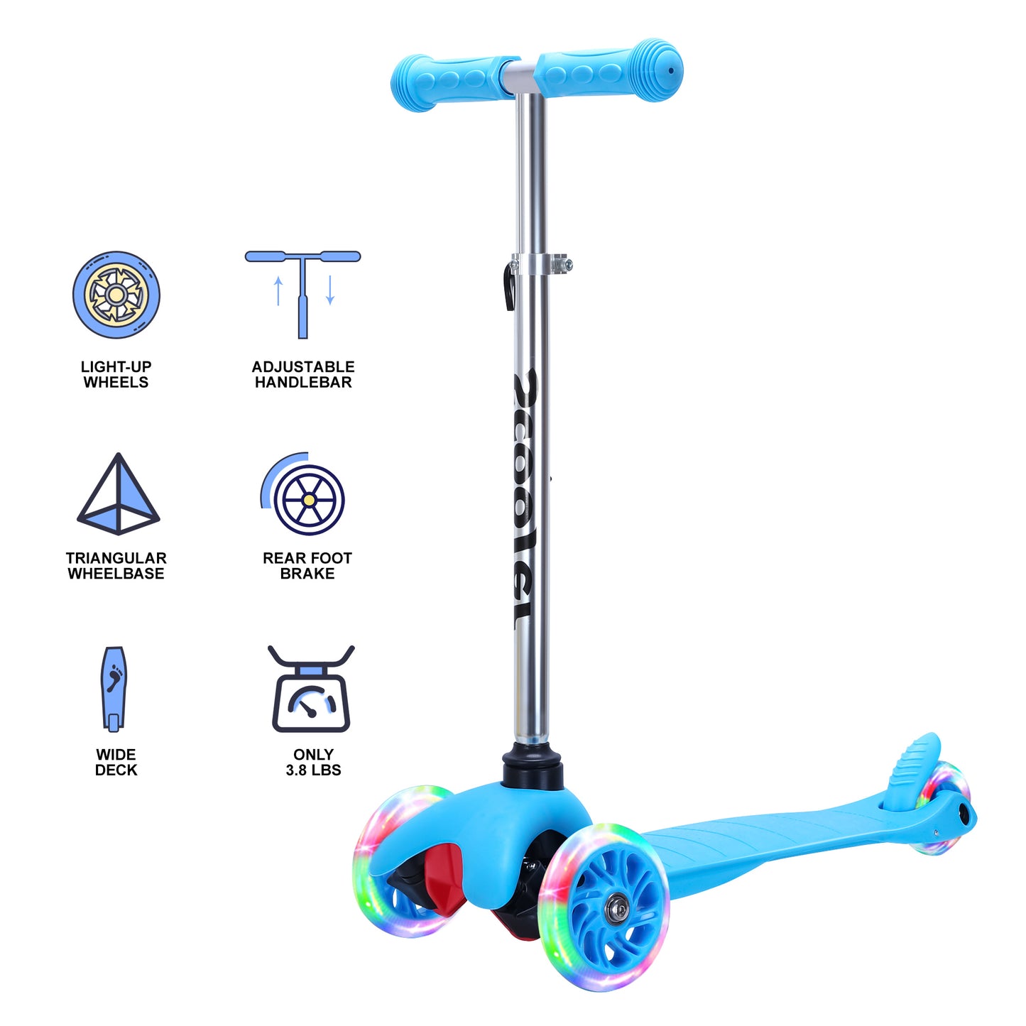 SimpleLux Kids Scooter - Blue, Adjustable Height, Wide Deck with Flashing Wheels