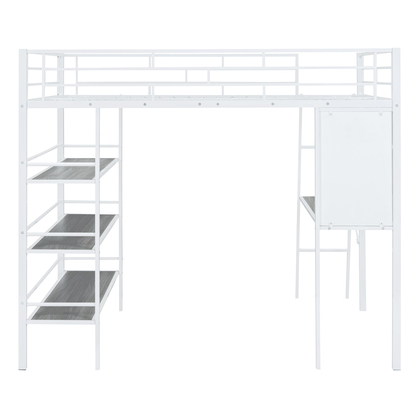 Full Size Loft Metal Bed with 3 Layers of Shelves and Desk, Stylish Metal Frame Bed with Whiteboard, White