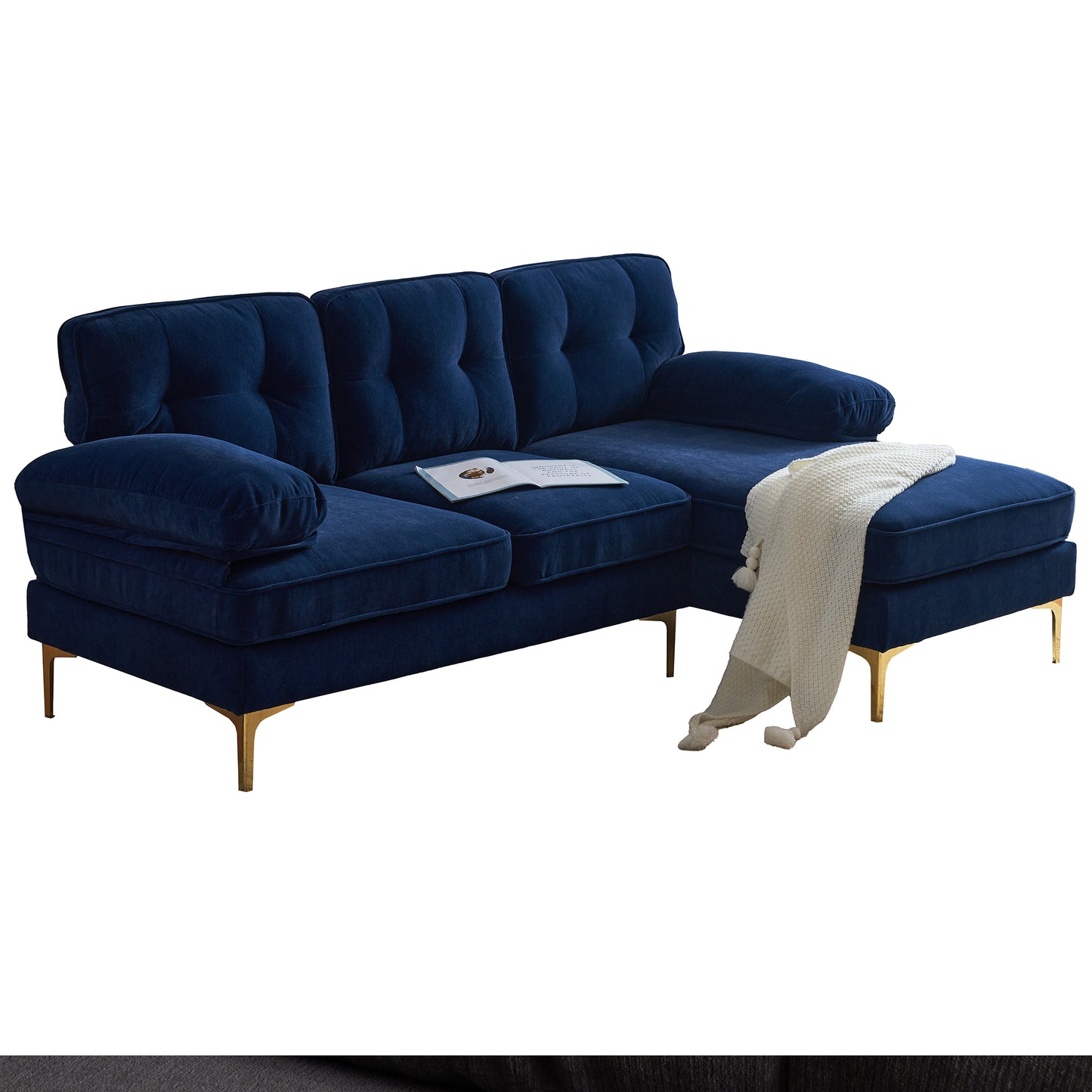 83 Blue Velvet L-Shaped Sectional Sofa with Mid-Century Modern Vibes