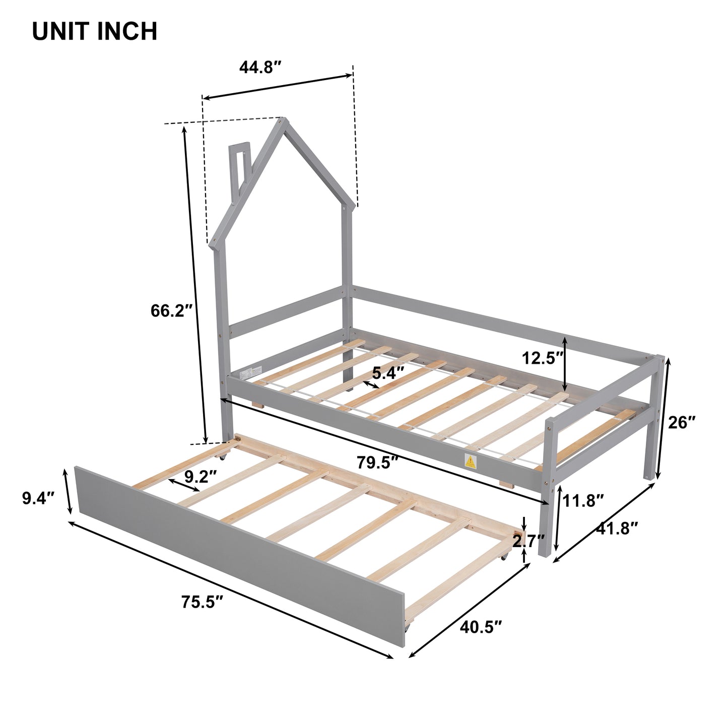 Twin Wooden Daybed with trundle, Twin House-Shaped Headboard  bed with Guardrails,Grey