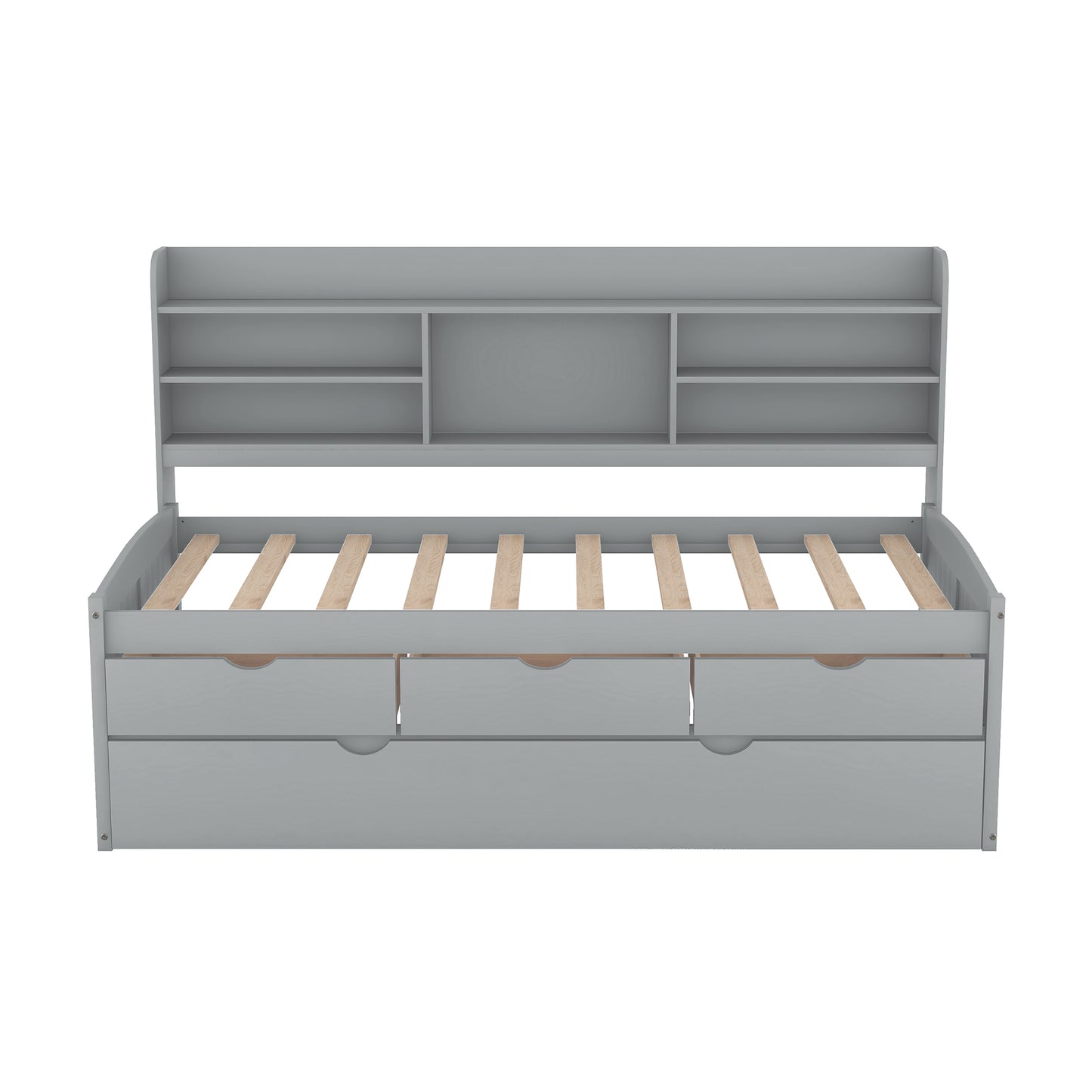 Twin Size Wooden Captain Bed with Built-in Bookshelves,Three Storage Drawers and Trundle,Light Grey