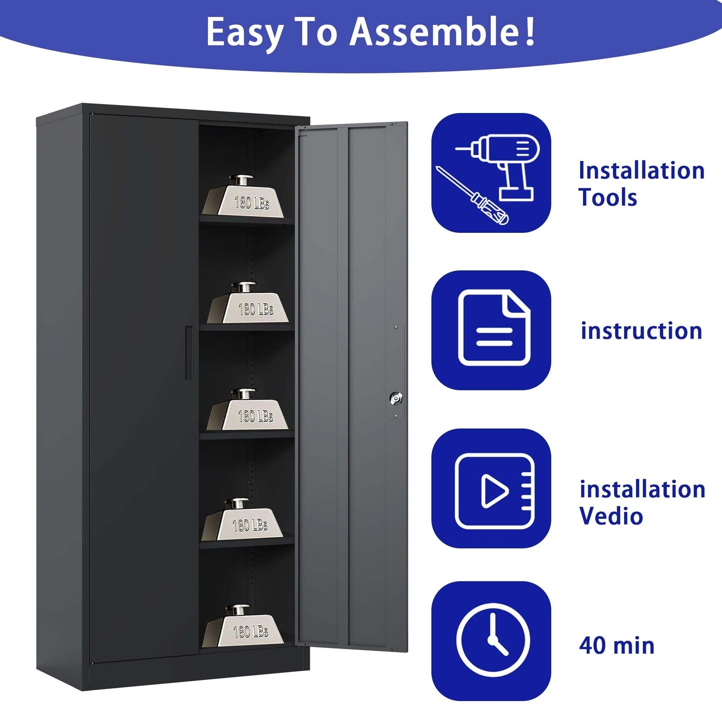 72H Metal Lockable Garage Storage Cabinet with 4 Shelves, Black Steel Cabinet for Home Office and Garage Organization