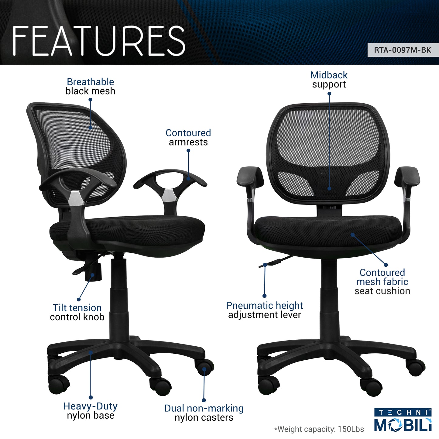 Midback Mesh Task Office Chair, Black