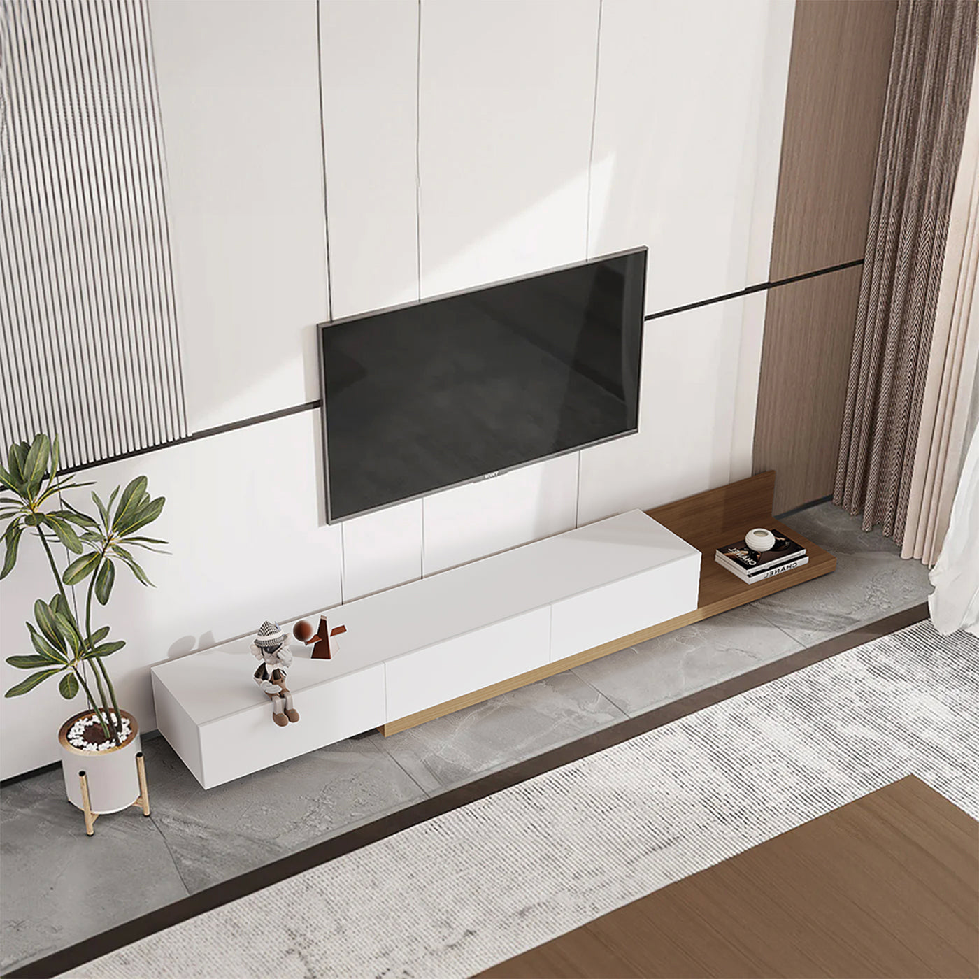 Walnut Wood TV Stand with Modern Minimalist Design in White Color, 78.7 x 16.5 x 12.5 inches