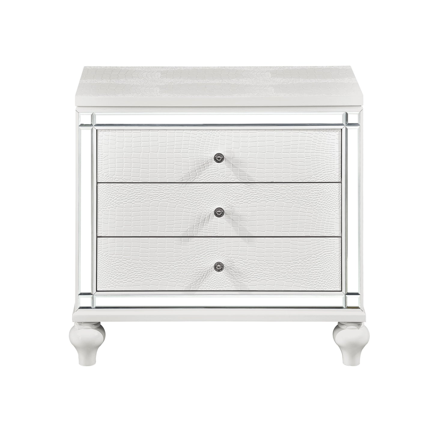 Glamorous Metallic White Finish 1pc Nightstand of 3x Drawers Faux Alligator Embossed Front Modern Bed Side Table