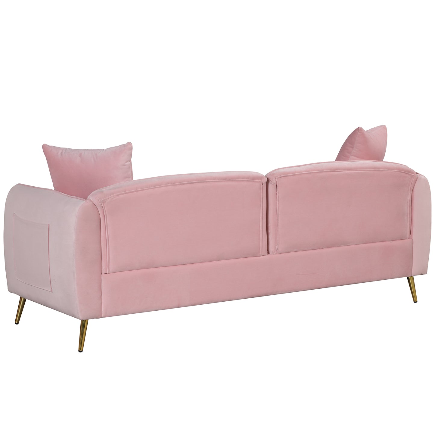 Velvet Upholstered Sofa with Armrest Pockets and 2 Pillows, Pink, 3-Seat