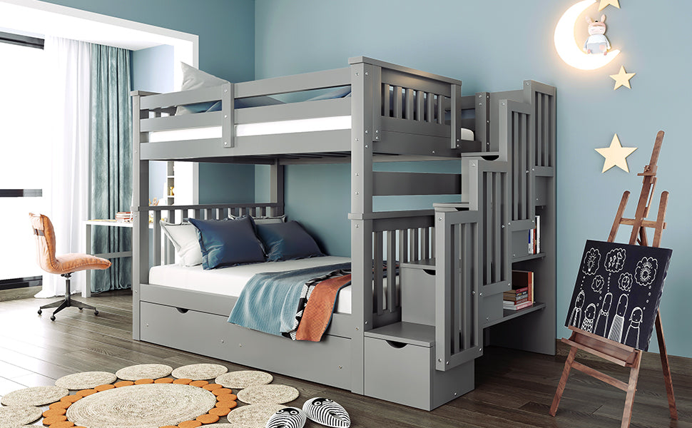 Gray Full Over Full Bunk Bed with Storage Drawers and Shelving