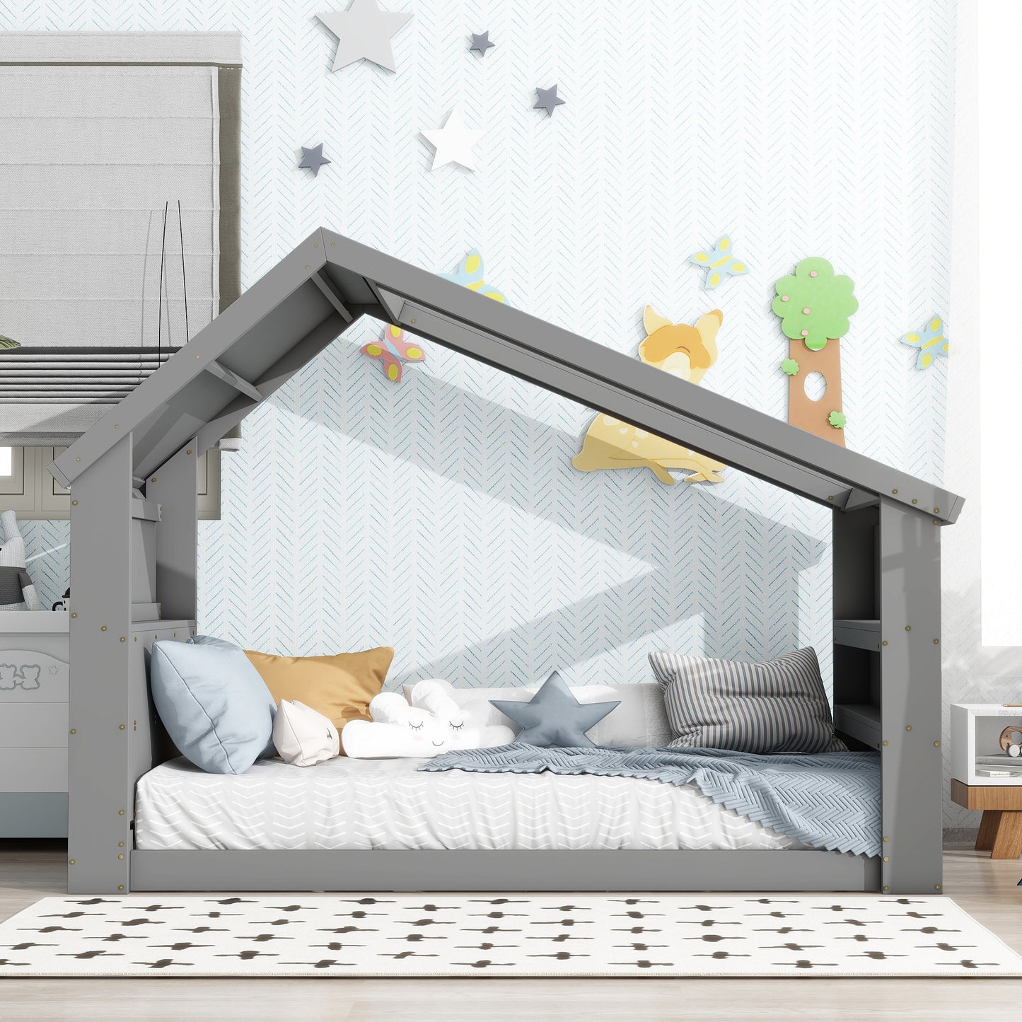 Twin House Floor Bed with Roof Window, LED Light,Grey