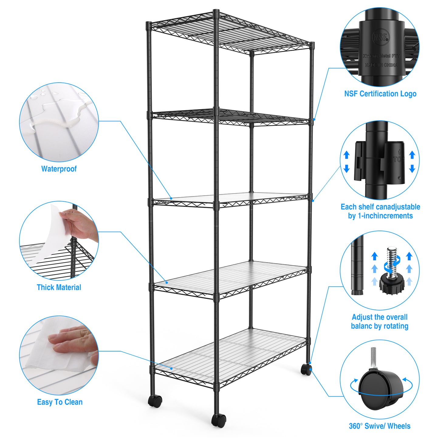 2 Pack 5 Tier Shelf Wire Shelving Unit, NSF Heavy Duty Wire Shelf Metal Large Storage Shelves Height Adjustable Utility for Garage Kitchen Office Commercial Shelving Steel Layer Shelf - Black