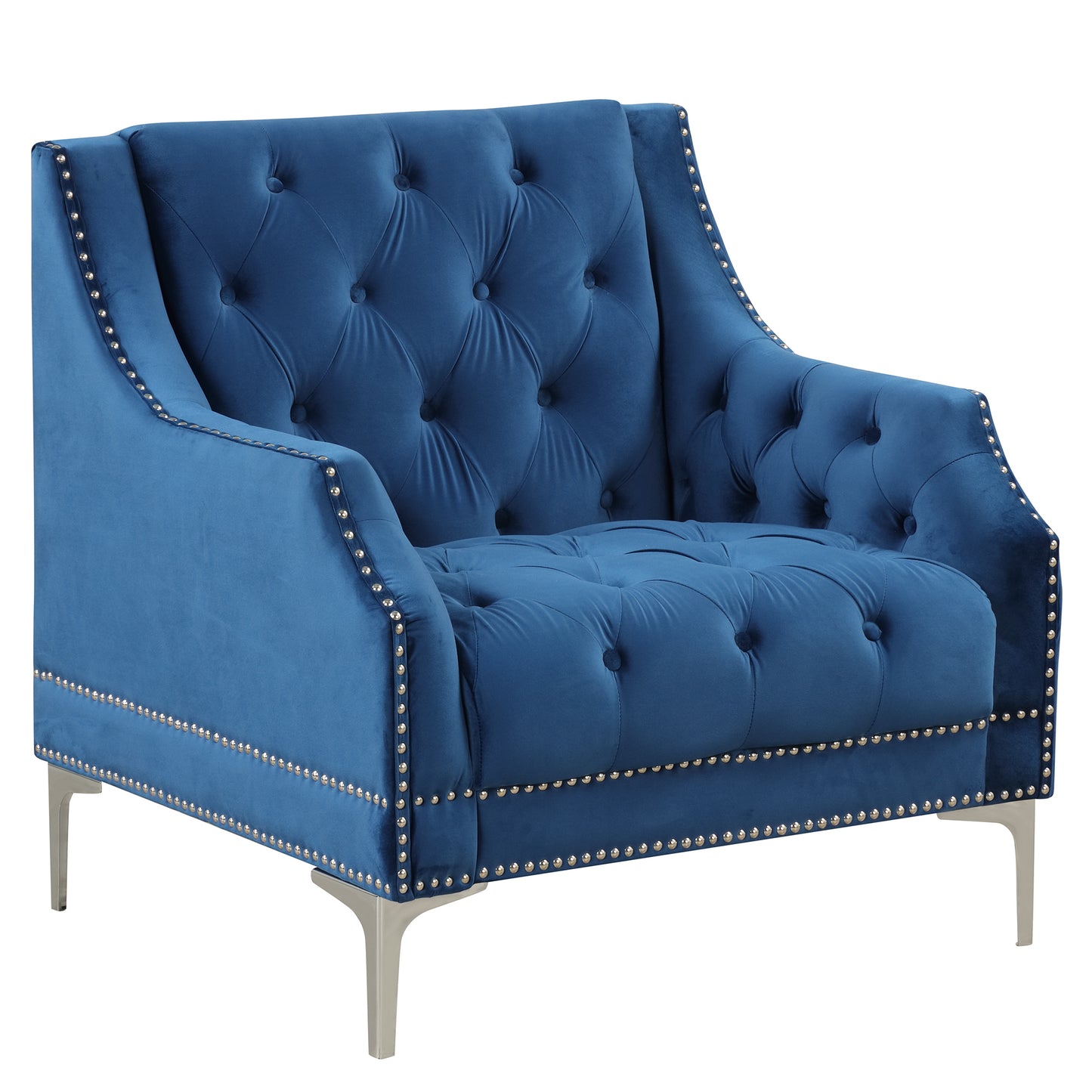 33.5 Plush Blue Modern Sofa with Metal Legs and Button Tufted Back