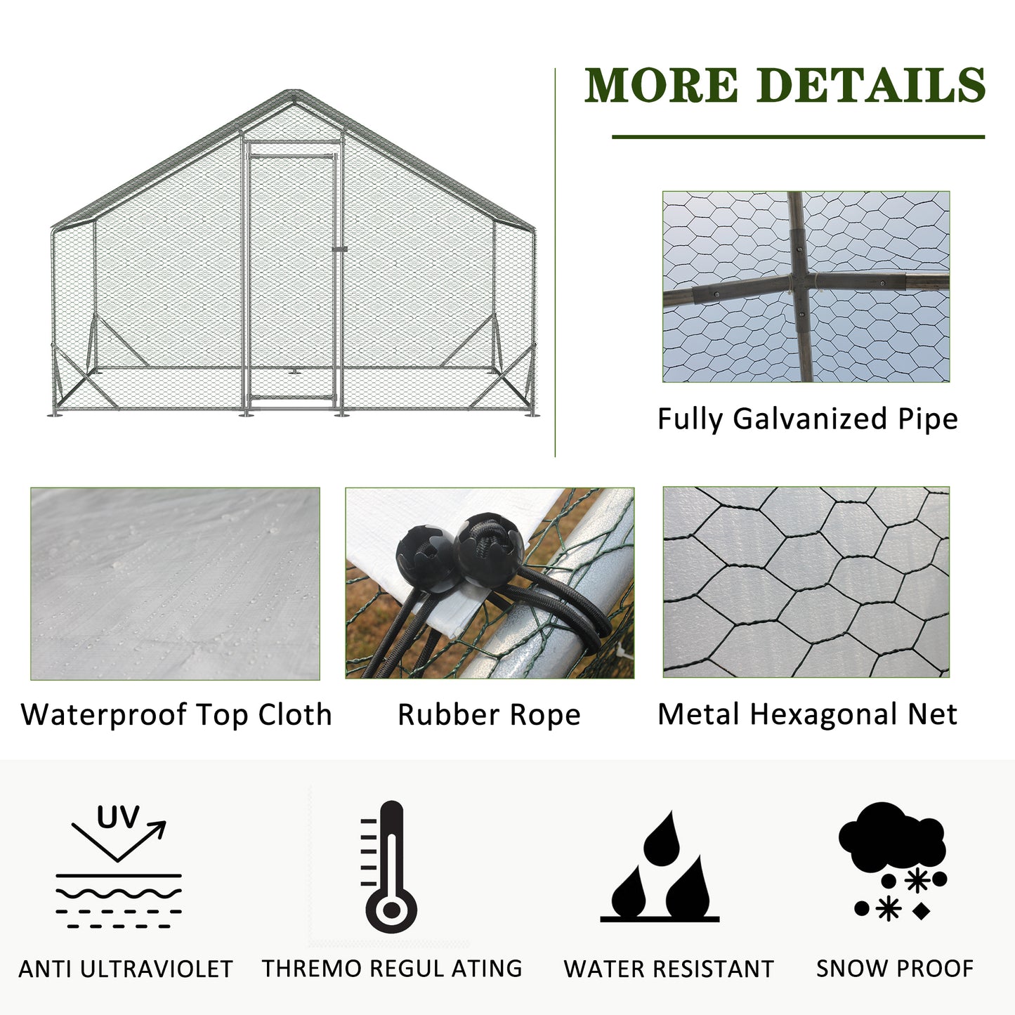 Large Metal Chicken Coop, Walk-in Chicken Run,Galvanized Wire Poultry Chicken Hen Pen Cage, Rabbits Duck Cages with Waterproof and Anti-Ultraviolet Cover for Outside(10' L x 6.6' W x 6.56' H)