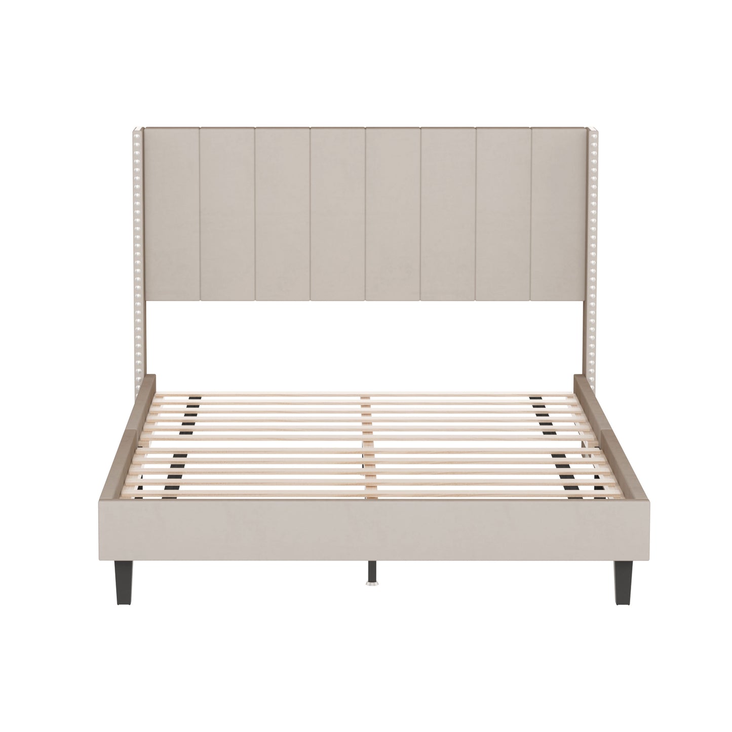 Queen Bed Frame/Velvet Upholstered Bed Frame with Vertical Channel Tufted Headboard Beige