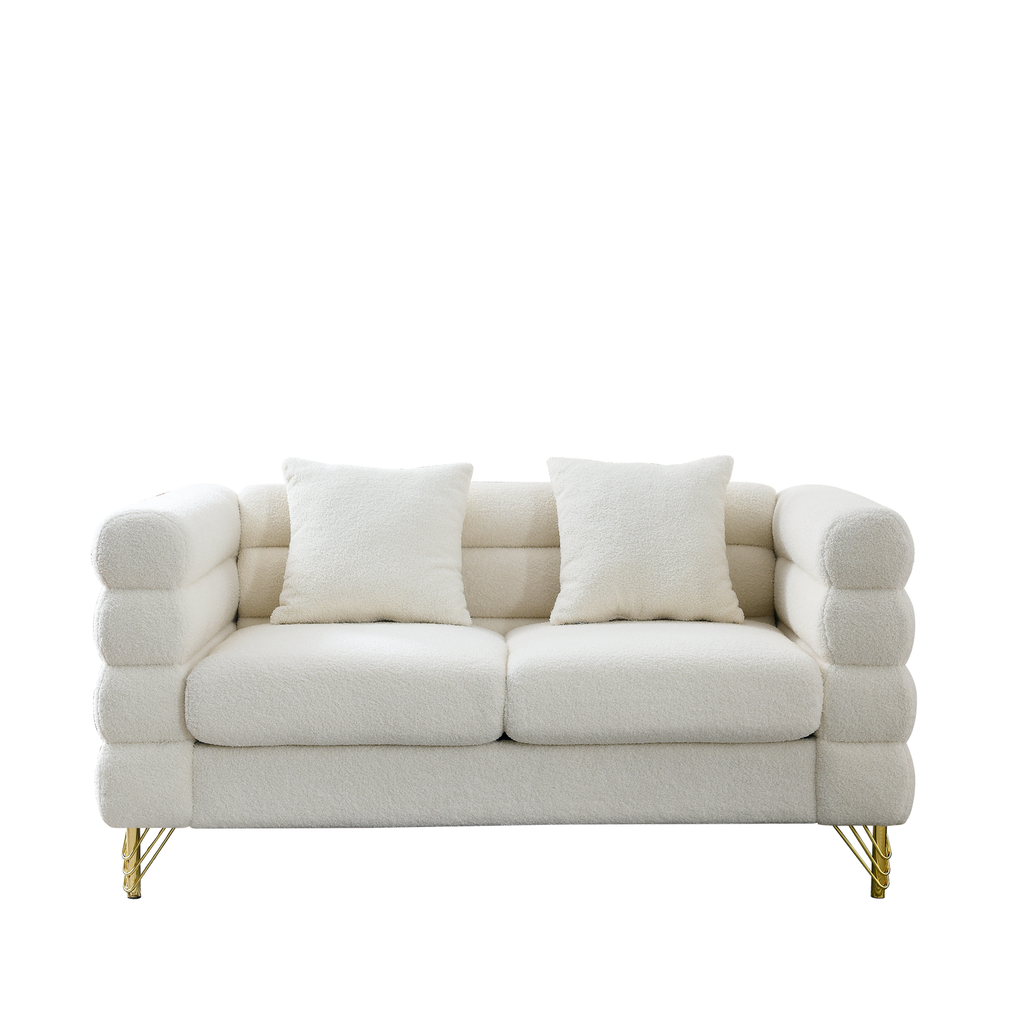 Elegant 60 Inch Ivory 2 Seater Sectional Sofa with Gold Legs and 2 Pillows