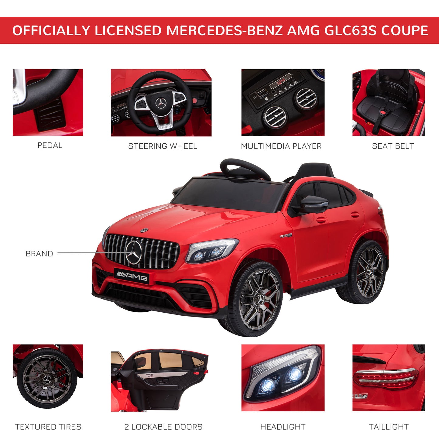 Aosom 12V Toddler Ride On Car with Remote Control, Mercedes Benz AMG GLC63S Coupe, Electric Car with 2 Speed, MP3 Player, Light, Horn, Songs, Suspension, Red