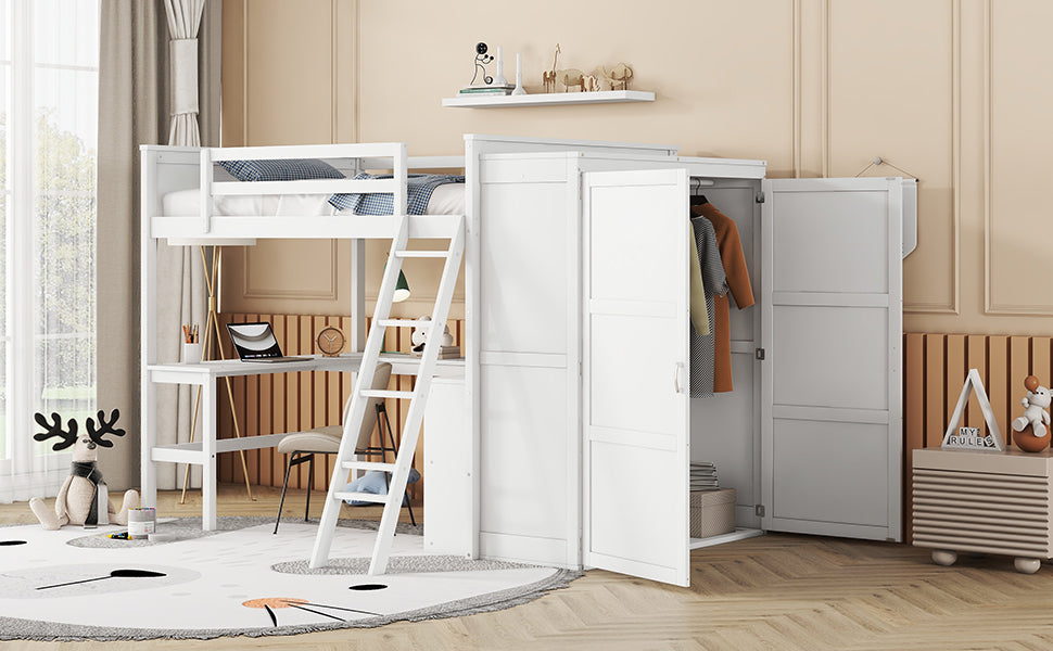 Full size Loft Bed with Desk, Shelves and Wardrobe-White