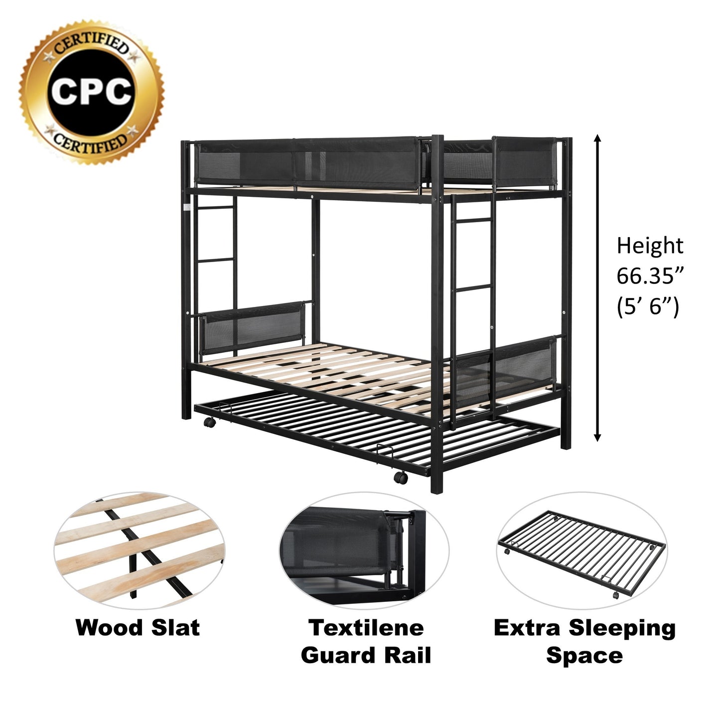 Metal Twin Bunk Bed with Trundle and Textilene Guardrails - Space-Saving Twin Over Twin Bunk Bed