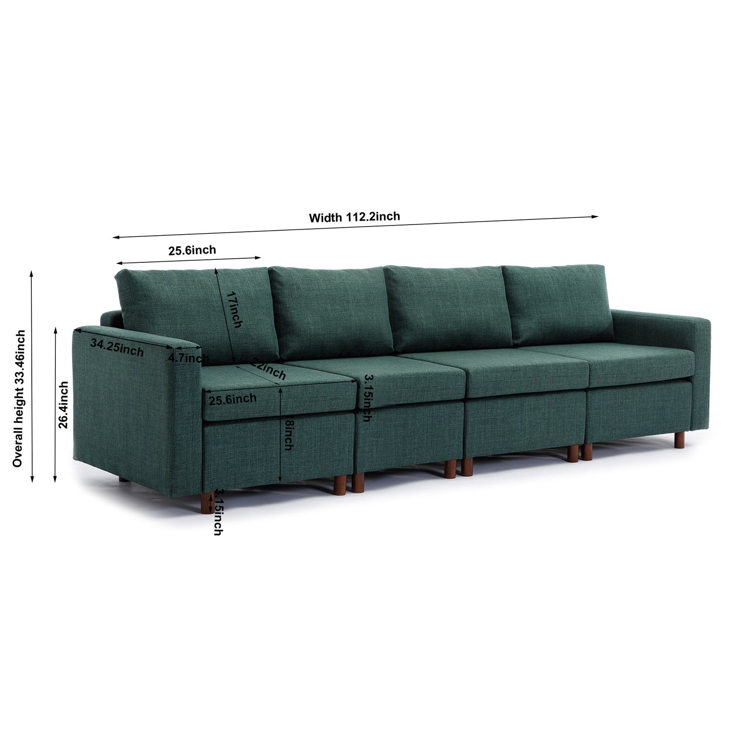 4-Seat Green Linen Sectional Sofa with Ottoman and Soft Plushness