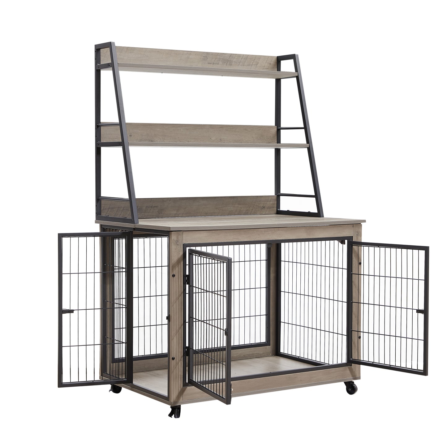 Furniture style dog crate side table with shelves, equipped with double doors and a raised roof. Grey, 38.58 ''w x 25.5 ''d x 57 ''h