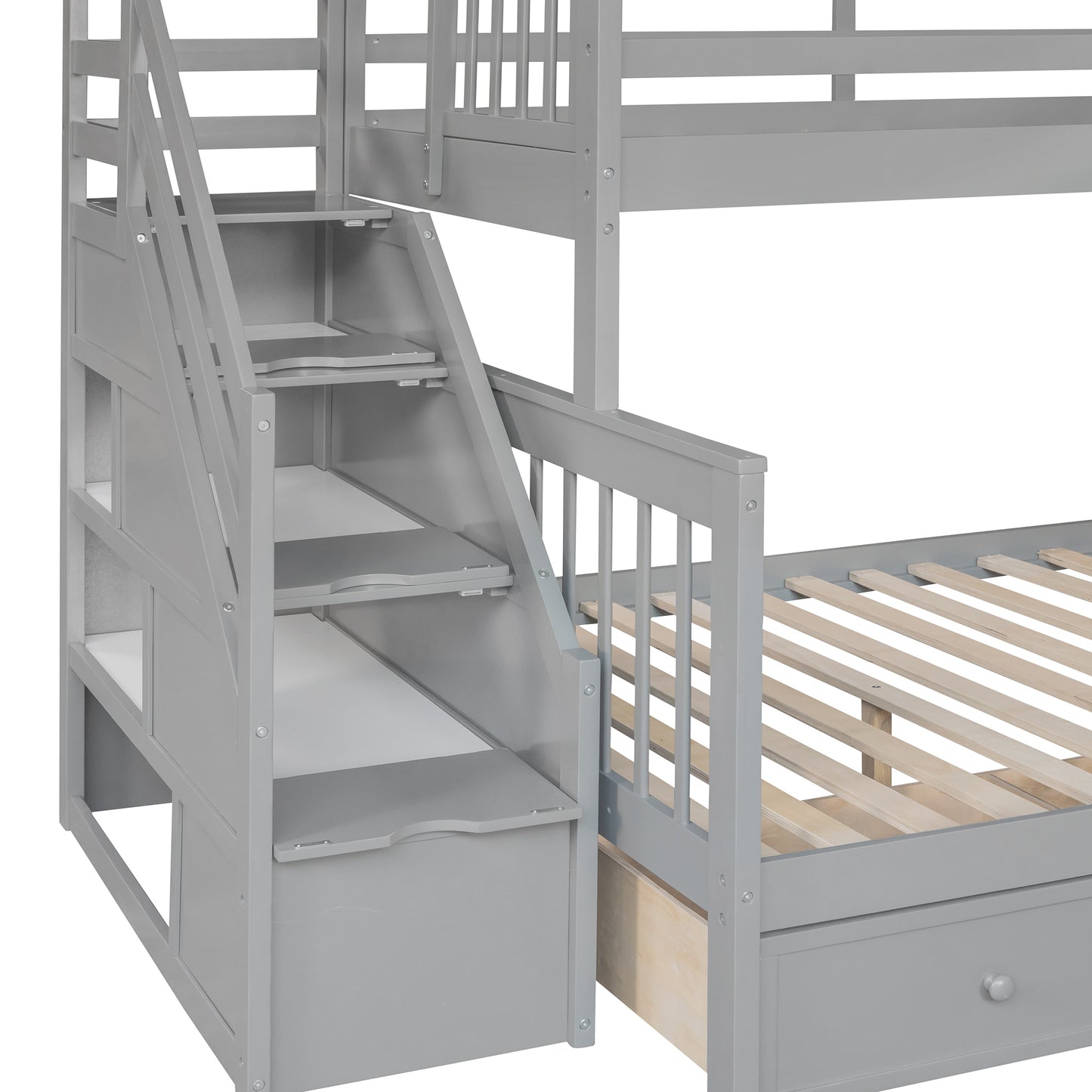 Gray Twin over Full L-Shaped Bunk Bed with Storage Drawers