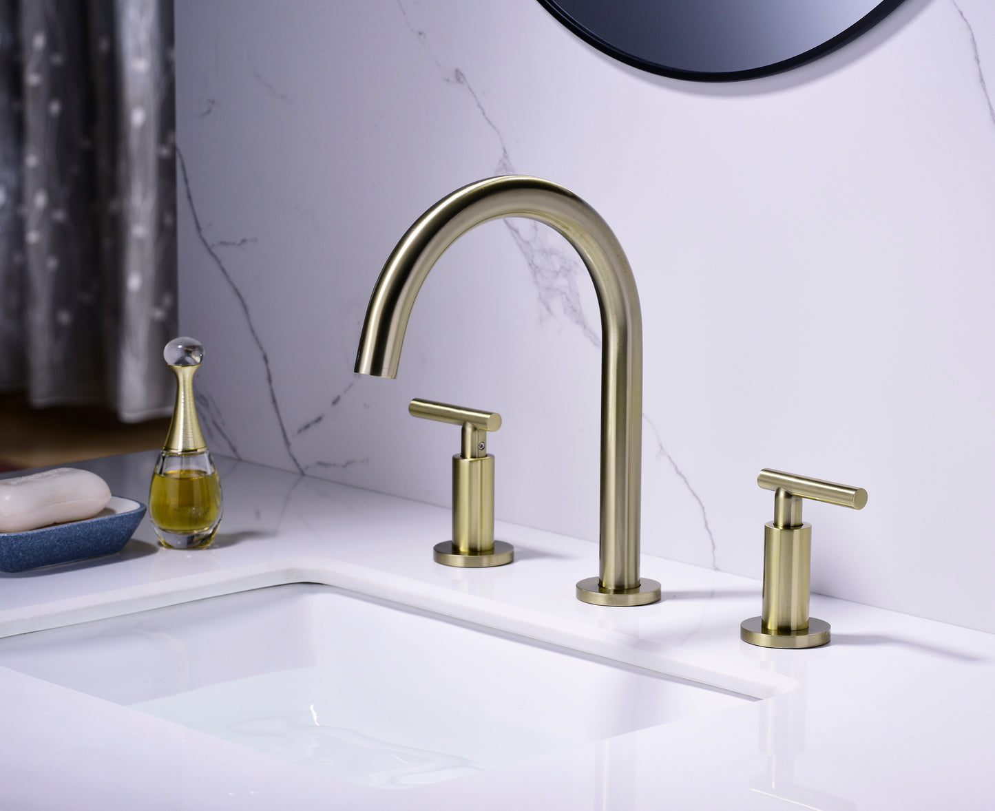 Gold High Arc 3-Hole Widespread Bathroom Sink Faucet with Rotatable Spout