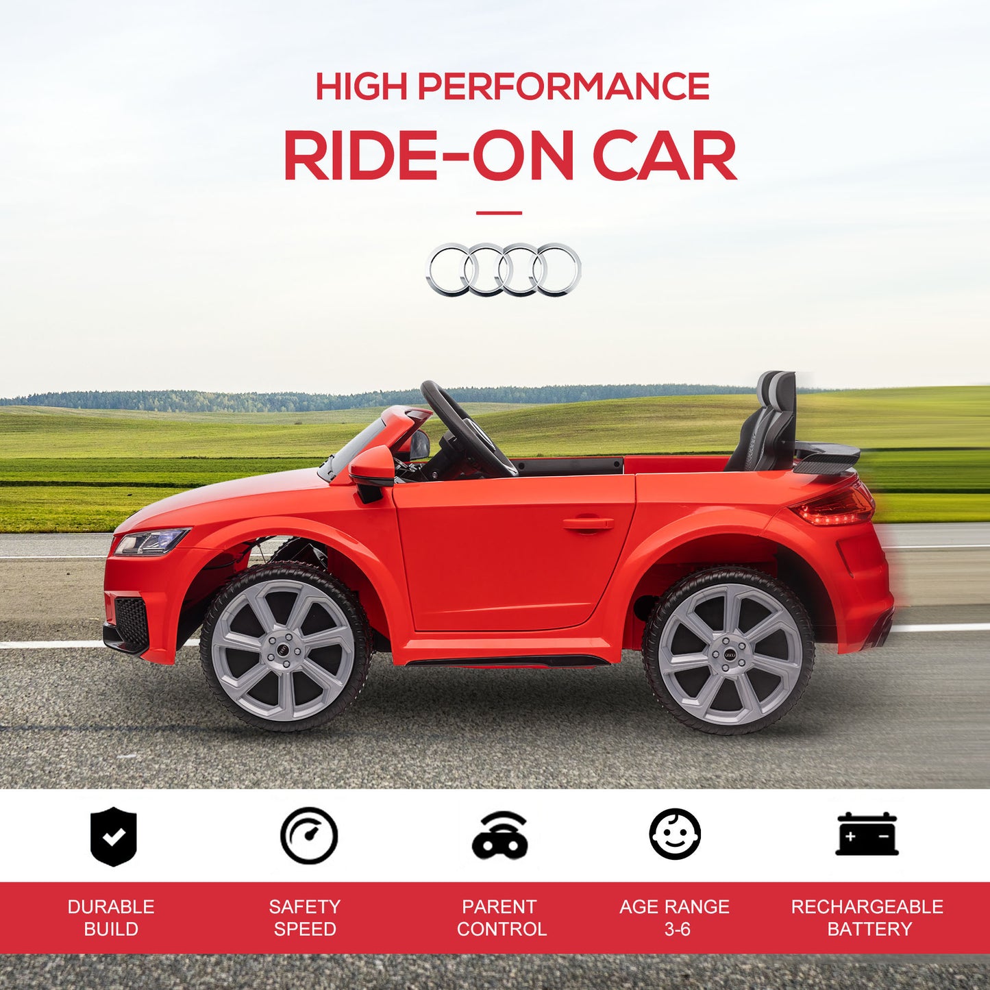 Aosom 6V Kids Electric Ride On Car, Licensed Audi TT RS with Suspension System and Remote Control, Horn, 5 Songs, Lights, MP3 Player, Red