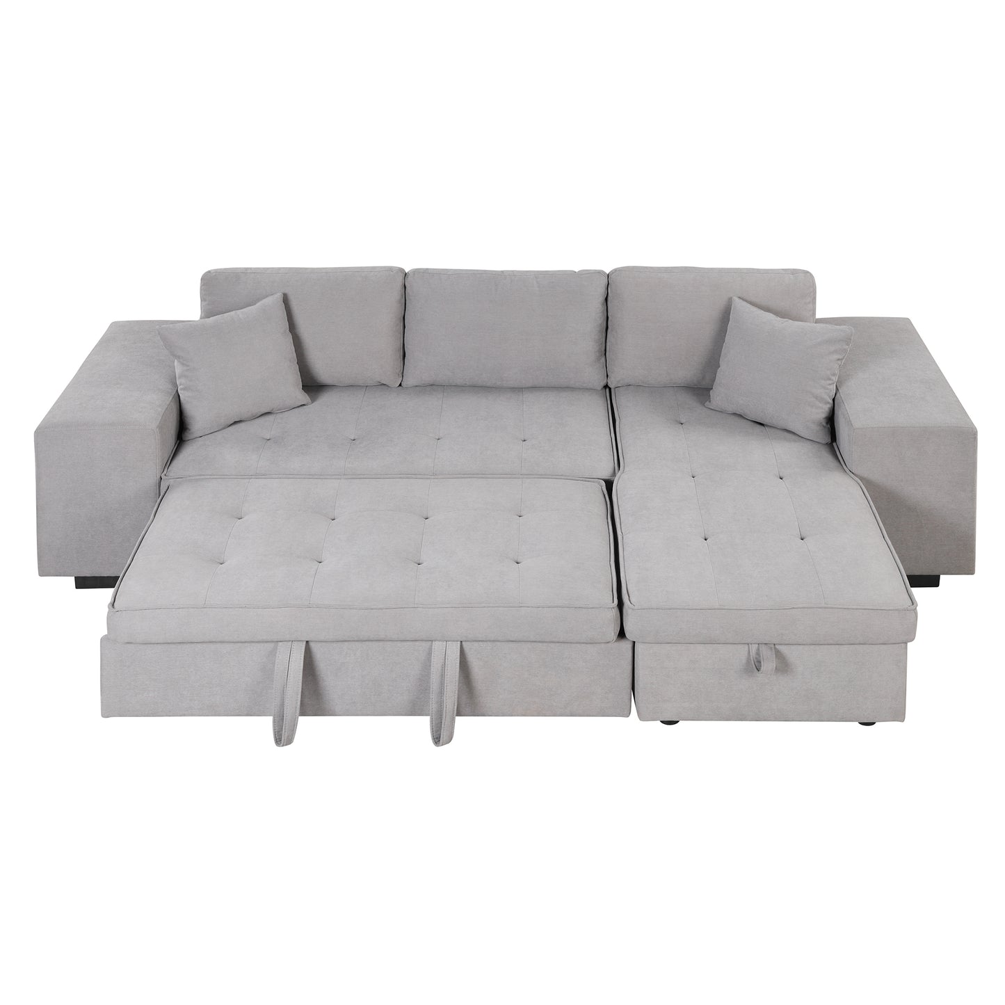 Gray L-Shape Sleeper Sectional Sofa with Storage Chaise and 2 Stools