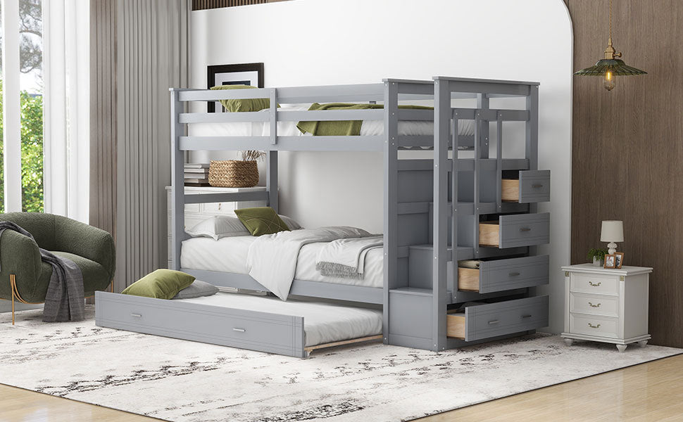 Gray Twin Bunk Bed with Trundle Staircase