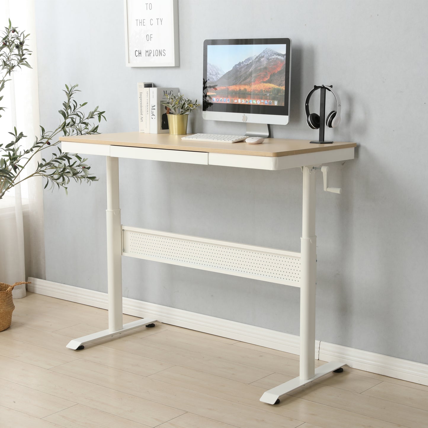 Height-Adjustable Maple Standing Desk with Steel Drawer - 48 x 24 Inches