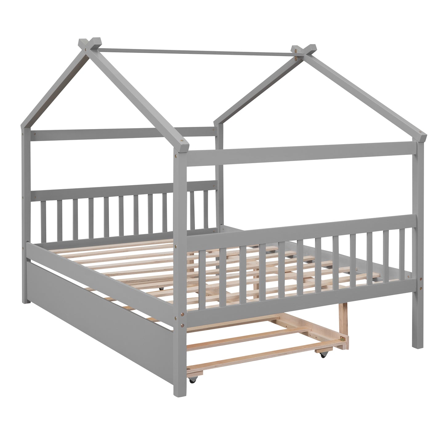 Full Size Wooden House Bed with Twin Size Trundle, Gray