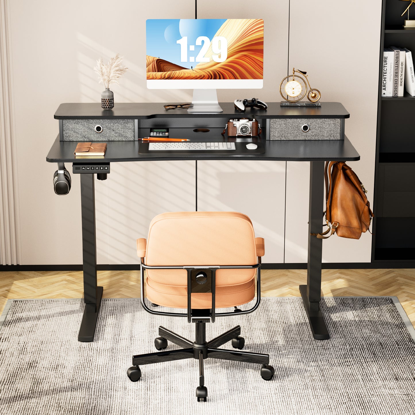 Height Adjustable Electric Standing Desk with Storage Shelf