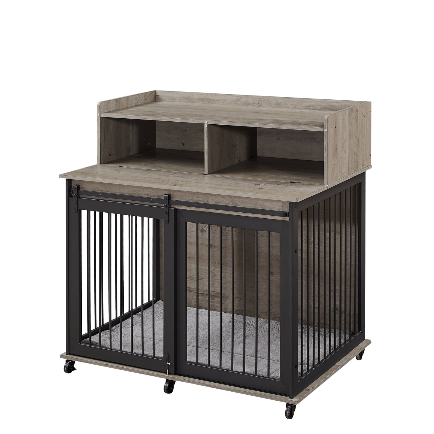 Furniture type dog cage iron frame door with cabinet, top can be opened and closed. Grey, 43.7'' W  x 29.9'' D  x 42.2'' H